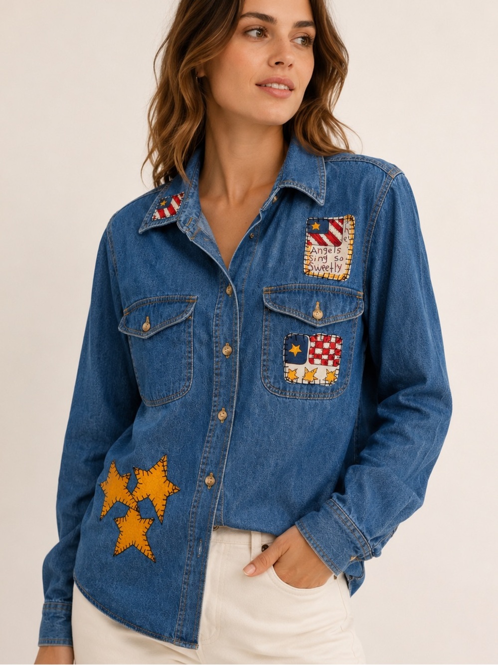 Miss Juli Vintage Button Down USA Angels Teacher Denim Chambray Shirt Size M